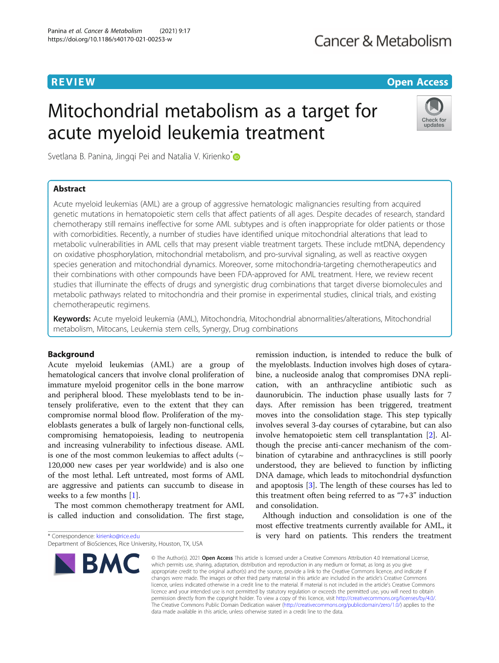 Mitochondrial Metabolism As A Target For Acute Myeloid Leukemia Treatment Svetlana B Docslib