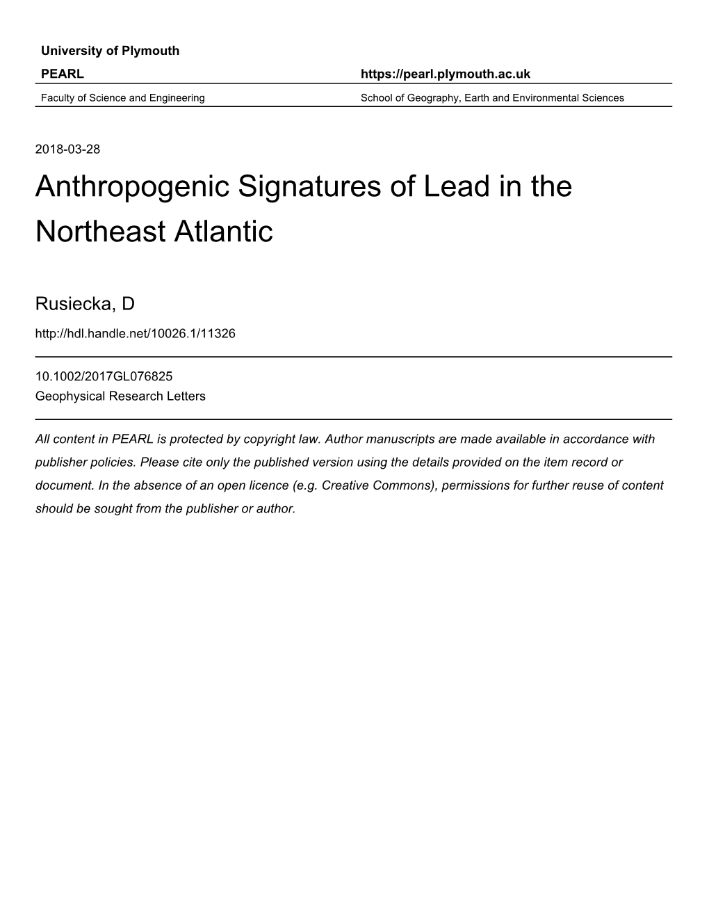 Anthropogenic Signatures of Lead in the Northeast Atlantic