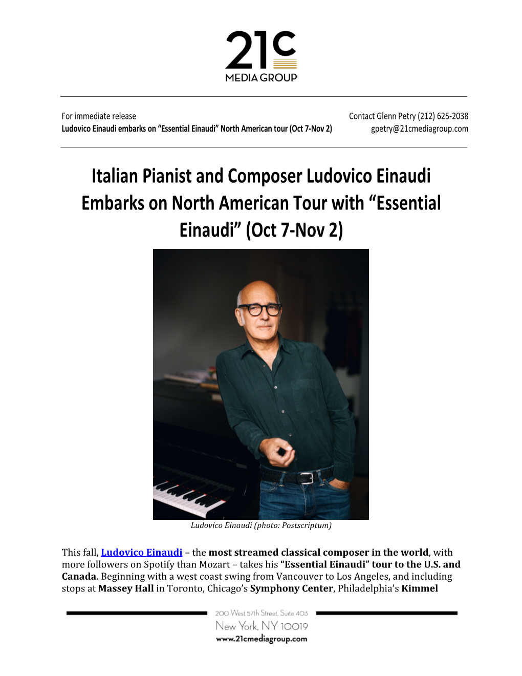 Italian Pianist and Composer Ludovico Einaudi Embarks on North American Tour with “Essential Einaudi” (Oct 7-Nov 2)
