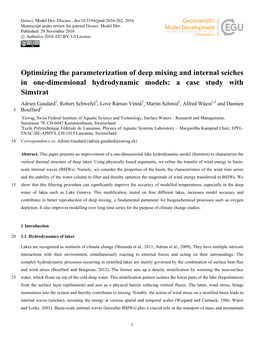 Optimizing the Parameterization of Deep Mixing and Internal Seiches in One-Dimensional Hydrodynamic Models