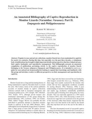 An Annotated Bibliography of Captive Reproduction in Monitor Lizards (Varanidae: Varanus)