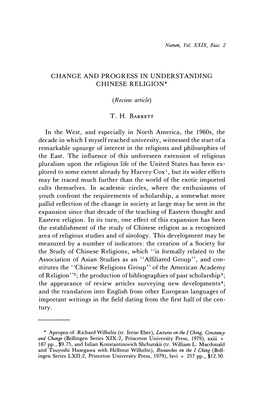 Change and Progress in Understanding Chinese Religion*