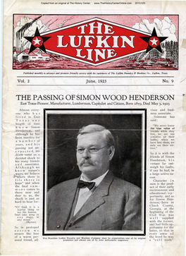 THE PASSING of SIMON WOOD HENDERSON East Texas Pioneer, Manufacturer, Lumberman, Capitalist and Citizen, Born 185'9, Dier May 3, 1923