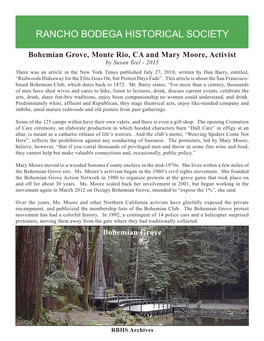 Bohemian Grove, Monte Rio, CA and Mary Moore, Activist Bohemian Grove