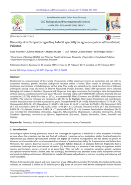 Diversity of Arthropods Regarding Habitat Specialty in Agro-Ecosystem of Faisalabad, Pakistan