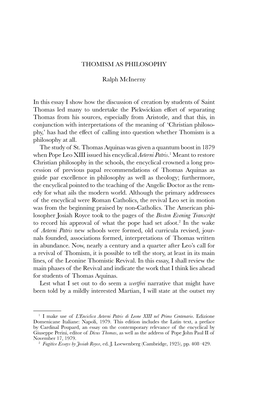 THOMISM AS PHILOSOPHY Ralph Mcinerny in This Essay I Show How