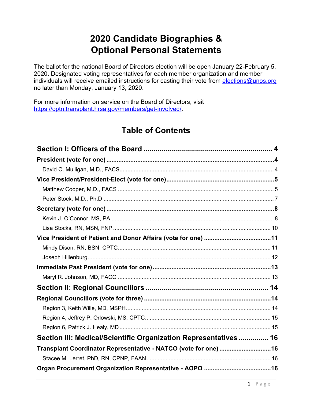 2020 Candidate Biographies & Optional Personal Statements