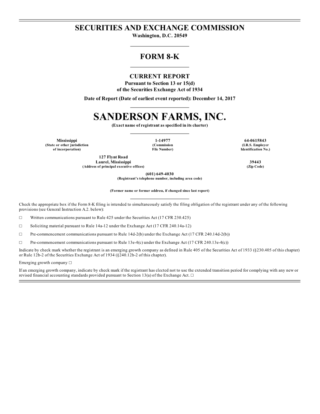 SANDERSON FARMS, INC. (Exact Name of Registrant As Specified in Its Charter)