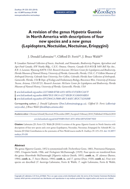 A Revision of the Genus Hypotrix Guenée in North America with Descriptions of Four New Species and a New Genus (Lepidoptera, Noctuidae, Noctuinae, Eriopygini)