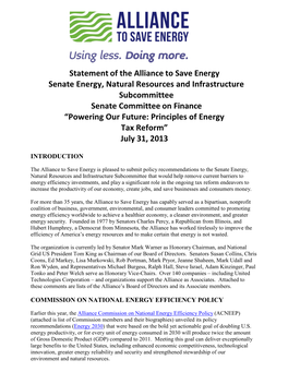 Statement of the Alliance to Save Energy Senate Energy, Natural