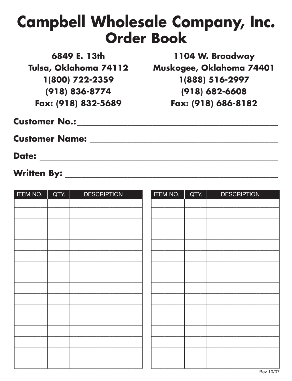 Campbell Wholesale Company, Inc. Order Book 6849 E