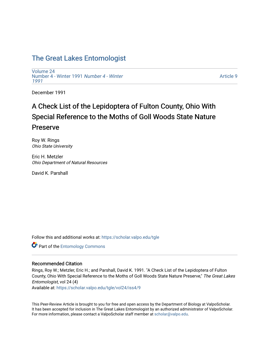 A Check List of the Lepidoptera of Fulton County, Ohio with Special Reference to the Moths of Goll Woods State Nature Preserve