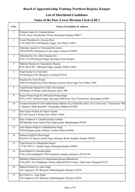 Kanpur List of Shortlisted Candidates Name of the Post: Lower Division Clerk (LDC)
