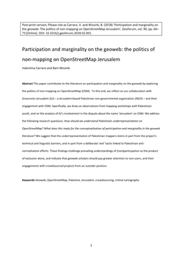 Participation and Marginality on the Geoweb: the Politics of Non-Mapping on Openstreetmap Jerusalem’, Geoforum, Vol