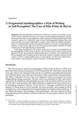 Fragmented Autobiographies: a Style of Writing Or Self-Perception? the Case of Pilar Primo De Rivera