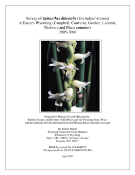 Survey of Spiranthes Diluvialis (Ute Ladies'-Tresses) in Eastern Wyoming