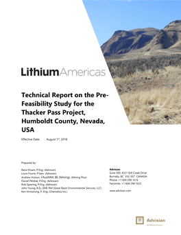 Pre- Feasibility Study for the Thacker Pass Project, Humboldt County, Nevada, USA