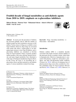 Fruitful Decade of Fungal Metabolites As Anti-Diabetic Agents from 2010 to 2019: Emphasis on A-Glucosidase Inhibitors