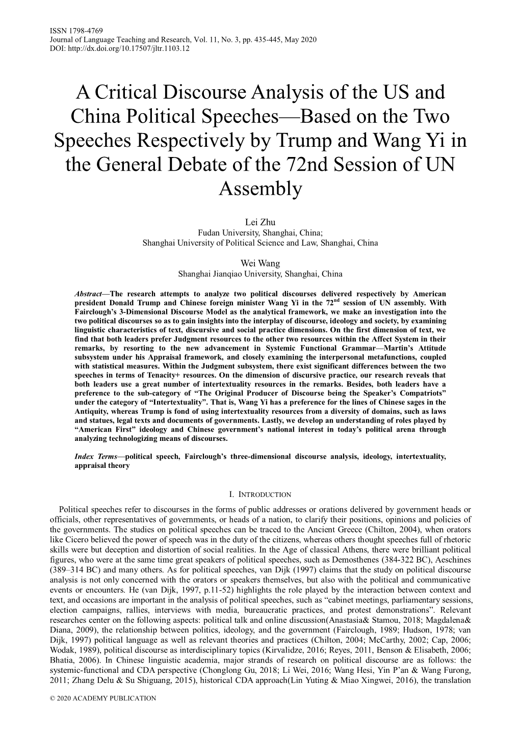 A Critical Discourse Analysis of the US and China Political Speeches