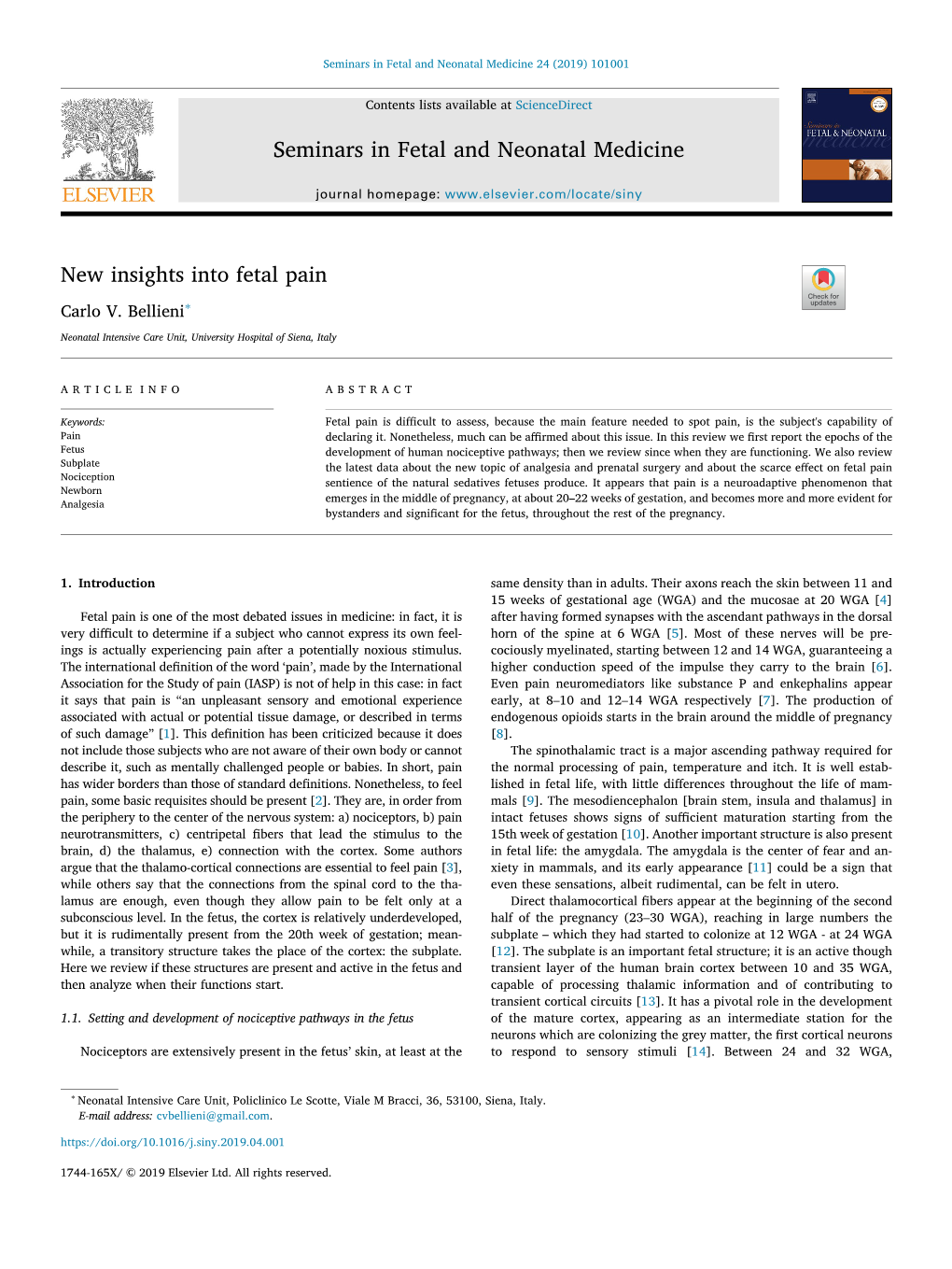 New Insights Into Fetal Pain T ∗ Carlo V