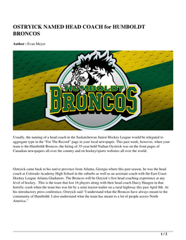 OSTRYICK NAMED HEAD COACH for HUMBOLDT BRONCOS