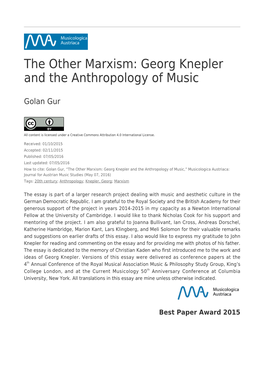 The Other Marxism: Georg Knepler and the Anthropology of Music