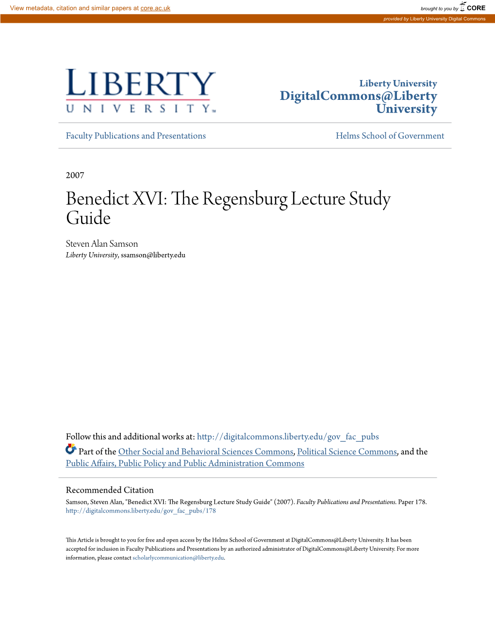 Benedict XVI: the Regensburg Lecture Study Guide Steven Alan Samson Liberty University, Ssamson@Liberty.Edu