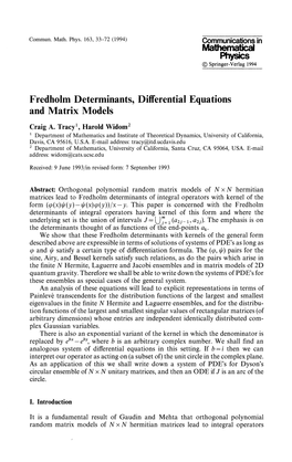 Mathematical Physics Fredholm Determinants, Differential