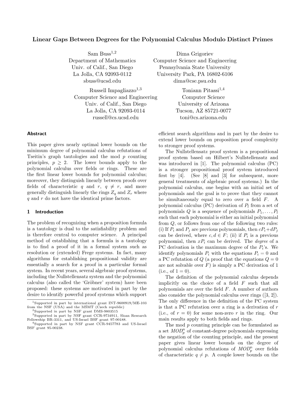 Linear Gaps Between Degrees for the Polynomial Calculus Modulo Distinct Primes