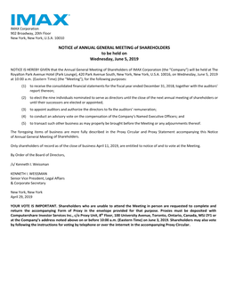 NOTICE of ANNUAL GENERAL MEETING of SHAREHOLDERS to Be Held on Wednesday, June 5, 2019