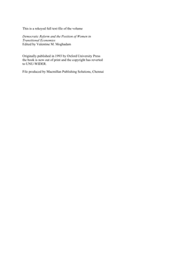 Democratic Reform and the Position of Women in Transitional Economies Edited by Valentine M