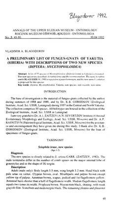 A Preliminary List of Fungus-Gnats of Yakutia (Siberia) with Descriitions of Two New Species (Diptera: Mycetophiloidea)