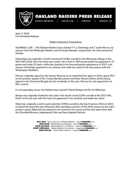 Sept. 2, 2018 for Immediate Release Raiders Announce