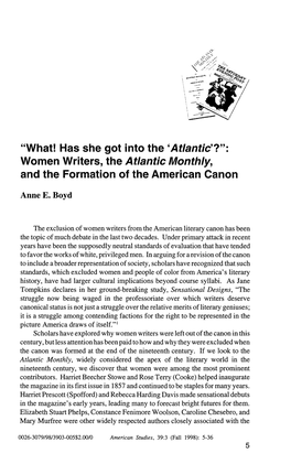 What! Has She Got Into the 'Atlantic'?'9: Women Writers, the Atlantic Monthly, and the Formation of the American Canon