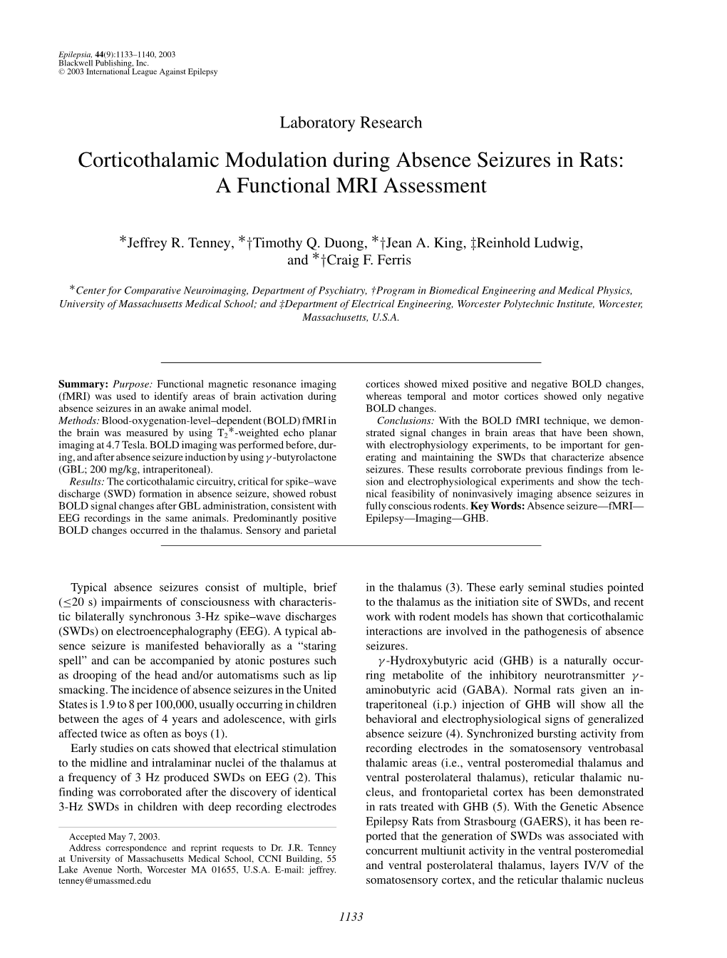 Corticothalamic Modulation During Absence Seizures in Rats: a Functional MRI Assessment