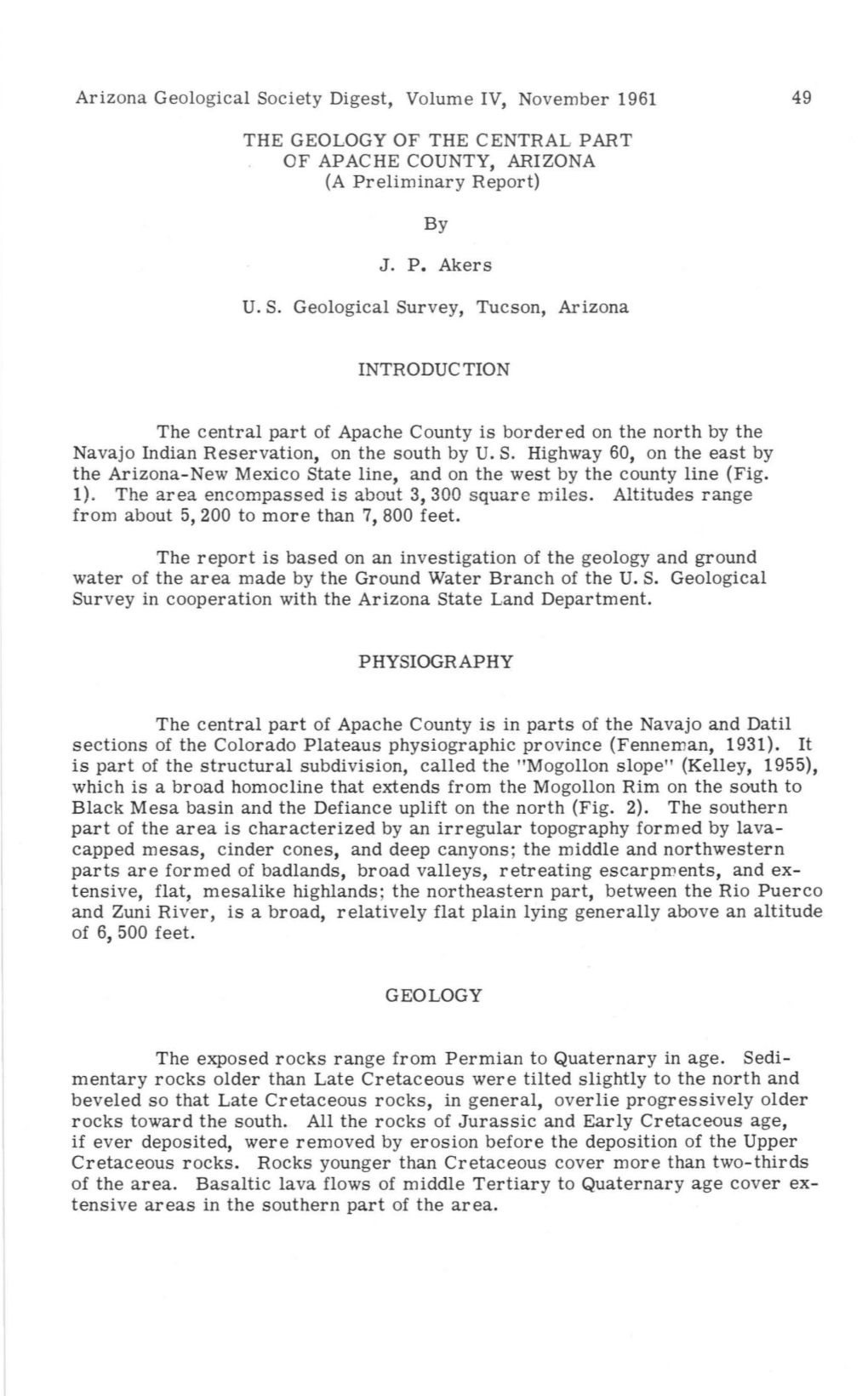 Arizona Geological Society Digest, Volume IV, November 1961 the GEOLOGY of the CENTRAL PART of APACHE COUNTY, ARIZONA (A Prelimi