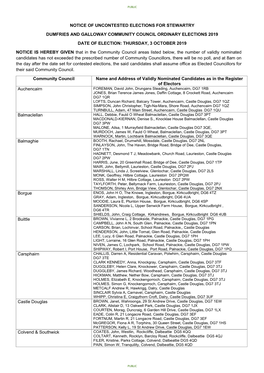 Notice of Uncontested Elections for Stewartry