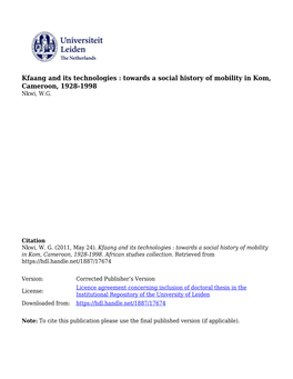 Kfaang and Its Technologies : Towards a Social History of Mobility in Kom, Cameroon, 1928-1998 Nkwi, W.G