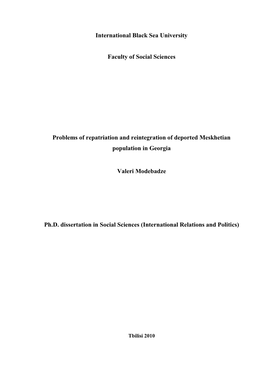 Problems of Repatriation and Reintegration of the Deported Meskhetian Population in Georgia
