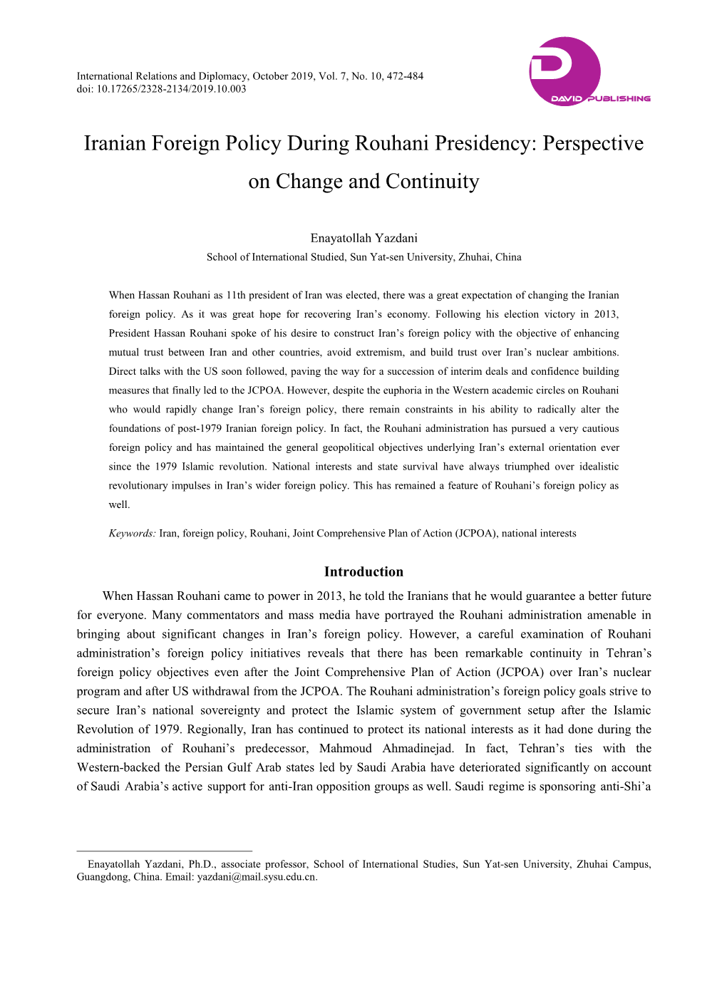 Iranian Foreign Policy During Rouhani Presidency: Perspective on Change and Continuity