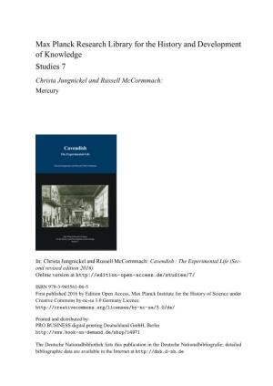 Max Planck Research Library for the History and Development of Knowledge Studies 7 Christa Jungnickel and Russell Mccormmach: Mercury