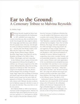 Ear to the Ground: a Centenary Tribute to Malvina Reynolds