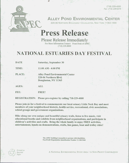 Press Release Please Release Immediately for More Information Contact: Front Desk Ofapec (718) 229-4000 NATIONAL ESTUARIES DAY FESTIVAL