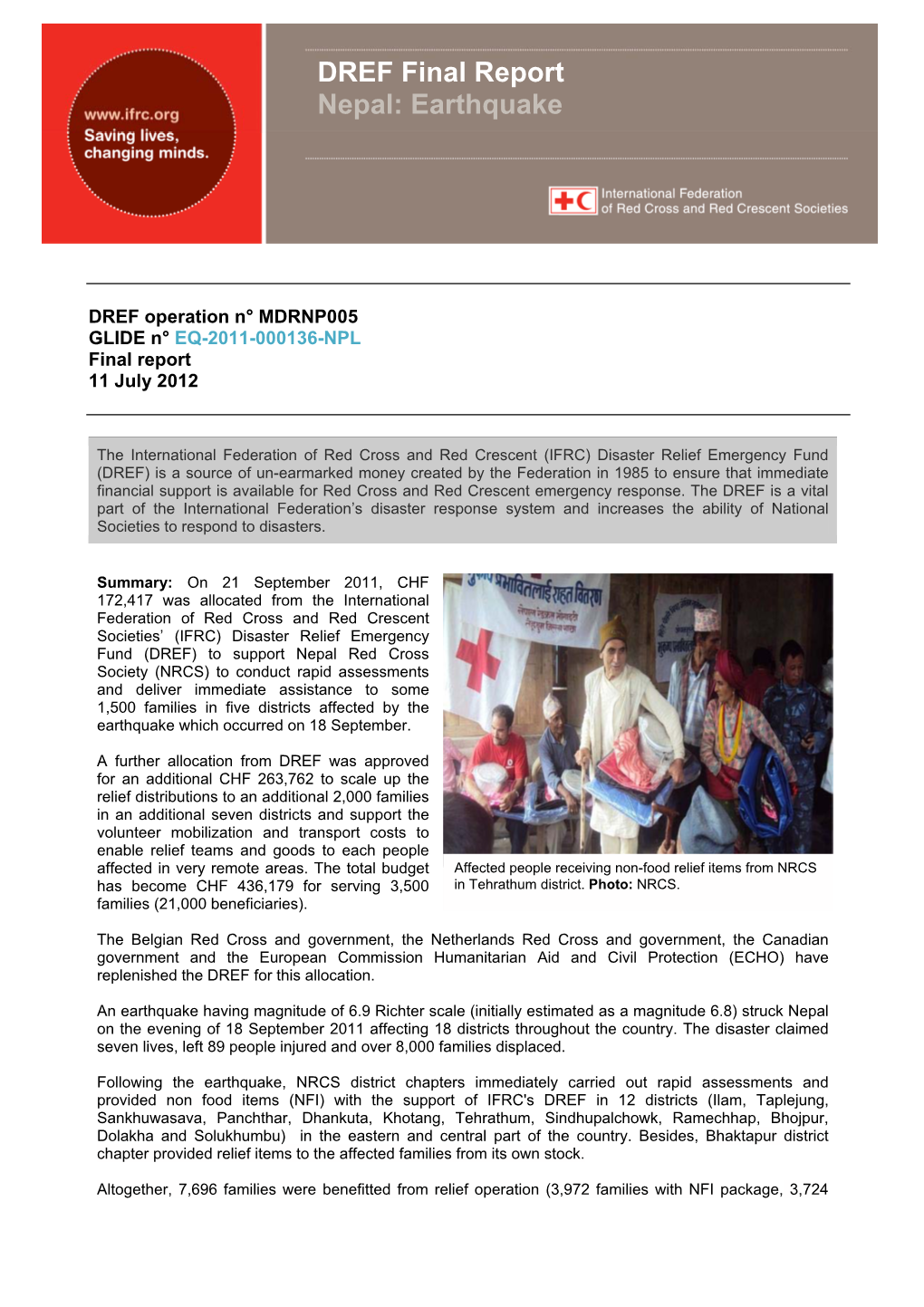 DREF Final Report Nepal: Earthquake