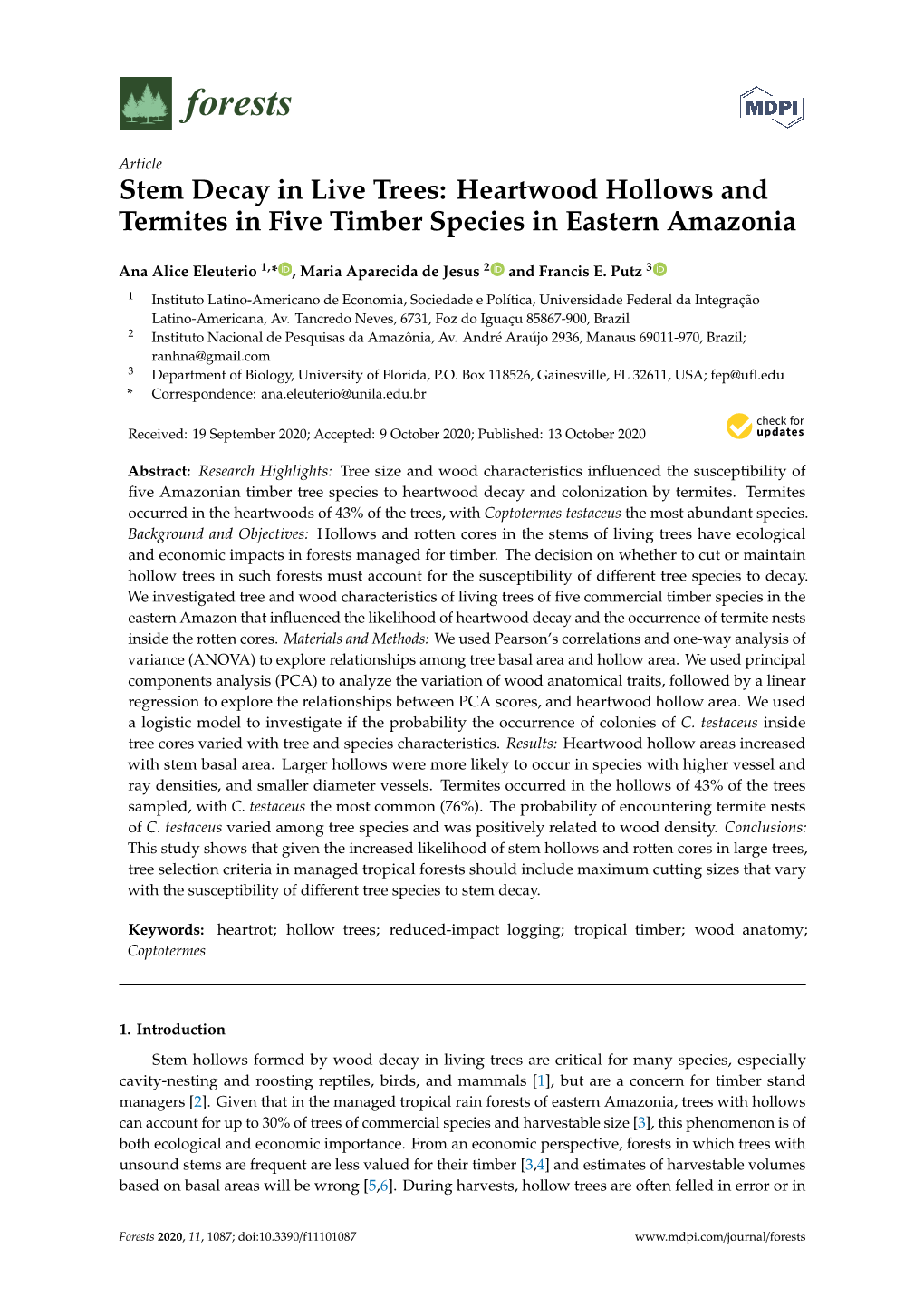 Stem Decay in Live Trees: Heartwood Hollows and Termites in Five Timber Species in Eastern Amazonia