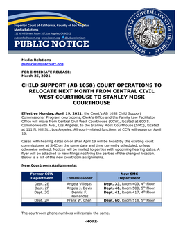 Child Support (Ab 1058) Court Operations to Relocate Next Month from Central Civil West Courthouse to Stanley Mosk Courthouse