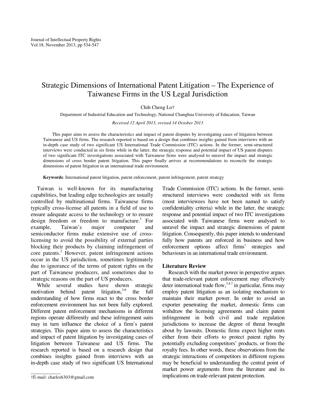 Strategic Dimensions of International Patent Litigation – the Experience of Taiwanese Firms in the US Legal Jurisdiction