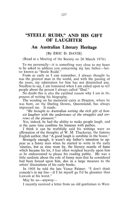 STEELE RUDD," and HIS GIFT of LAUGHTER an Australian Literary Heritage [By ERIC D