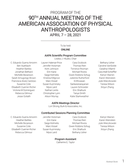 90Th Annual Meeting of the American Association of Physical Anthropologists April 7 – 28, 2021