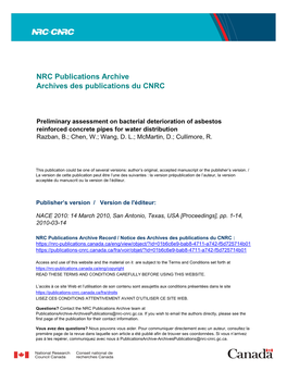 Preliminary Assessment on Bacterial Deterioration of Asbestos Reinforced Concrete Pipes for Water Distribution Razban, B.; Chen, W.; Wang, D